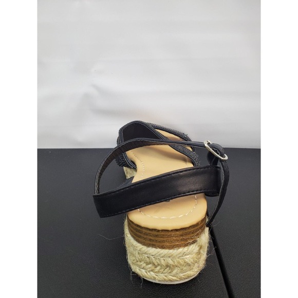 Qupid Daylen Wedge Espadrille Black‎ Tan Sandal Round Toe Straps Womens Size 6 - Picture 3 of 15